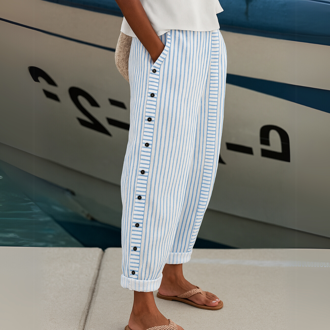 Elvora London™ – Jackie Striped Button-Detail Trousers