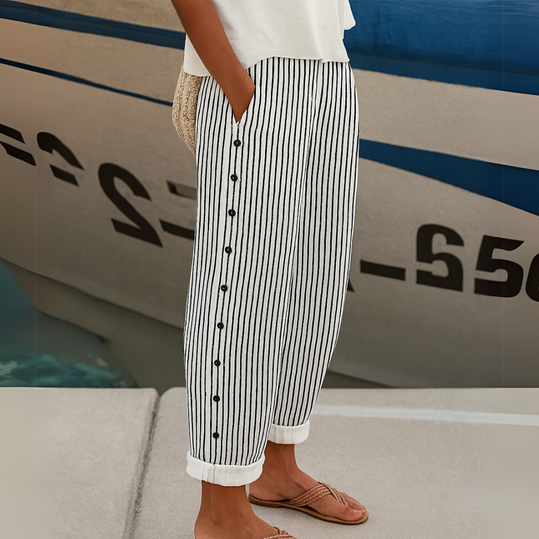 Elvora London™ – Jackie Striped Button-Detail Trousers