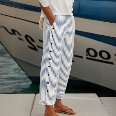 Elvora London™ – Jackie Striped Button-Detail Trousers