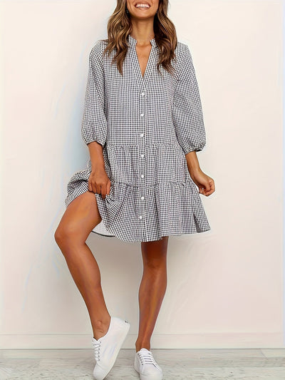 Elvora London™ – Liora Gingham Button-Up Tiered Dress